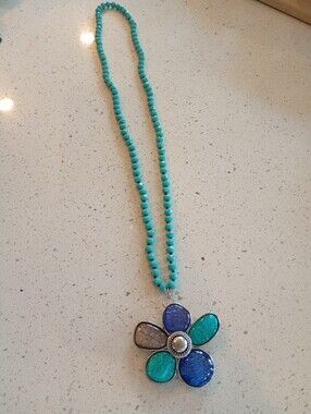 Turquoise Beaded Necklace with Large Flower Pendant